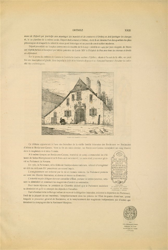 Maison de Gramont à Départ - Inscription au dessus de la porte du Château de Cassou Castetarbe, Orthez - Ecu de M. Bordenave Cassou, Maréchal de camp relevé sur sa tombe à St.-Boès - Fonds Ancely - B315556101 A LAFOND 2 025
