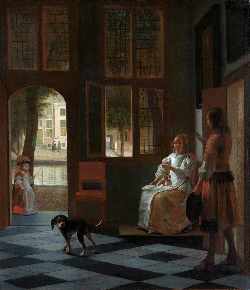Man hands a letter to a woman in a hall, by Pieter de Hooch