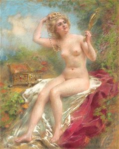 Konstantin Makovsky - Seated Nude Looking in a Mirror. Free illustration for personal and commercial use.