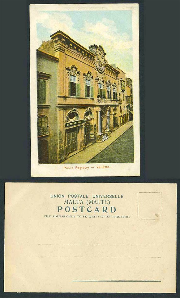 Malta-Old-Colour-UB-Postcard-Public-Registry-Valletta