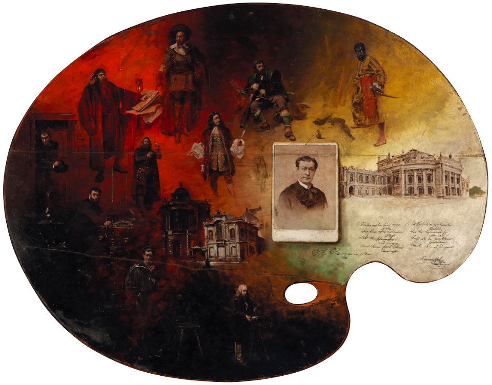 Malerpalette mit Bildnis Sonnenthal Rollenbildern und Burgtheater