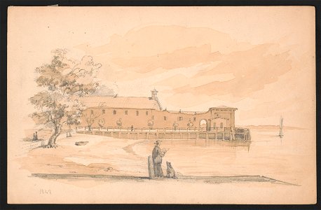 Man sketching on a wharf with a dog seated next to him, in the background, to the left is a tree, at center, a long wharf with a pavilion, and on the right, a small sailboat offshore LCCN2016645574