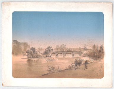 Man walking with mule on a footpath along the shore of the Schuylkill River with Peter's Island on the left and the Columbia Bridge just ahead LCCN2016648662