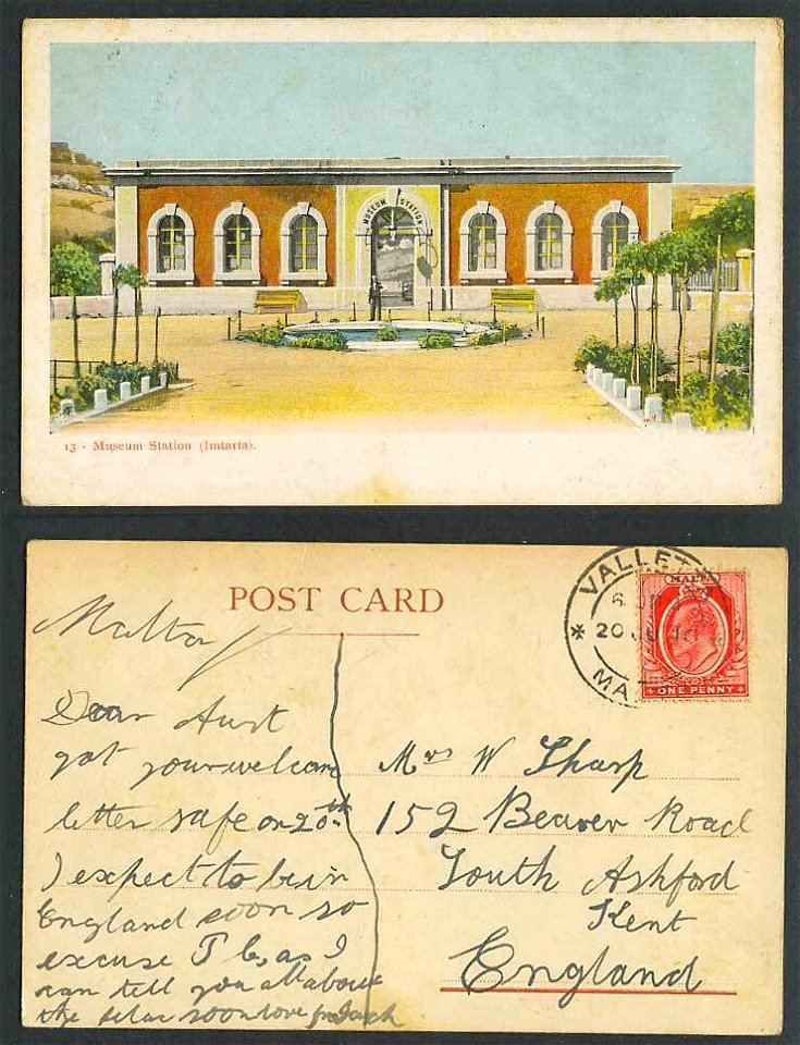 Malta-1d-1910-Old-Postcard-Museum-Station-Imtarfa
