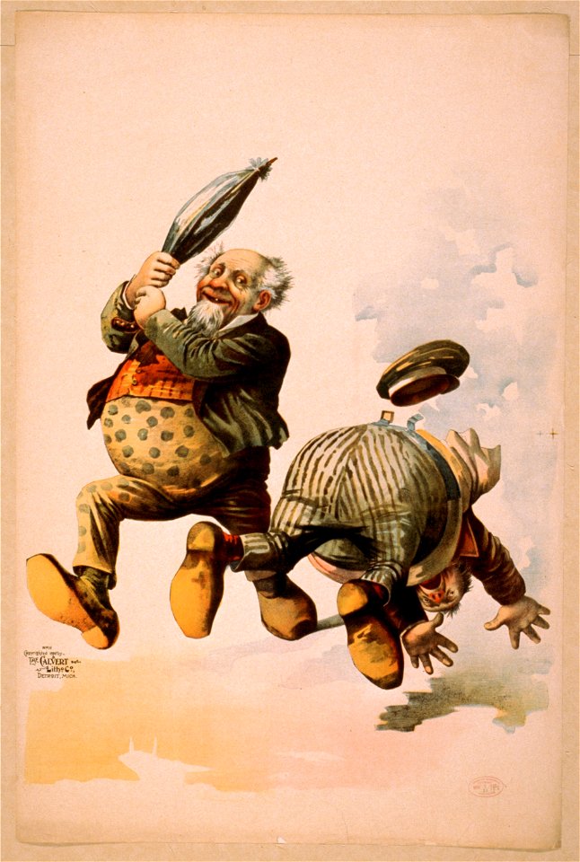 Man holding umbrella and another man falling LCCN2014636848