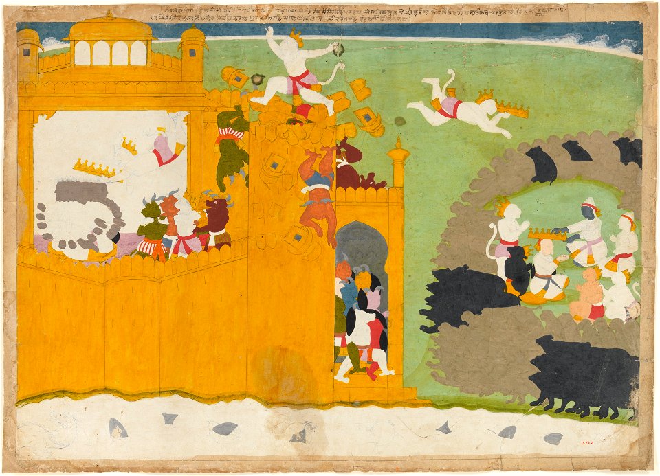 Manaku - The Monkey Leader Angada Steals Ravana's Crown from His Fortress, Folio from the Siege of Lanka series - 19.24.2 - Metropolitan Museum of Art