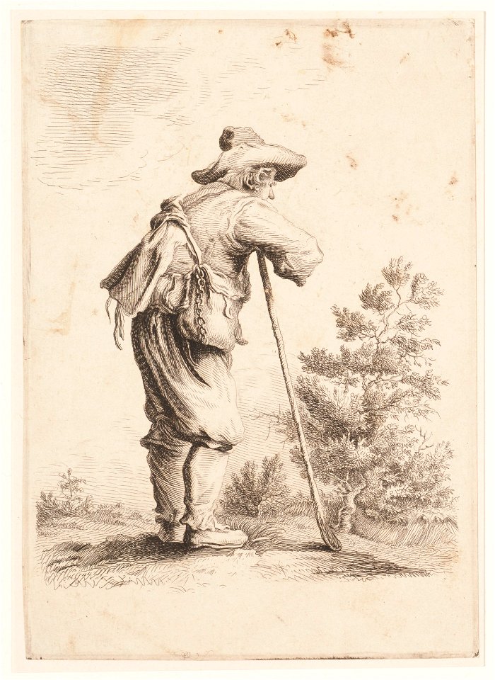 Man leunend op stok, objectnr A 16569
