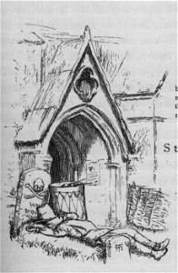 Man sleeping in front of church - Tom Brown's School Days (1869). Free illustration for personal and commercial use.