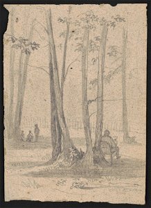 Man sitting in a chair among a cluster of trees, others nearby LCCN2016645581