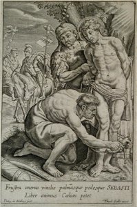 Philips van Mallery - St Sebastian is tied to a tree by two soldiers