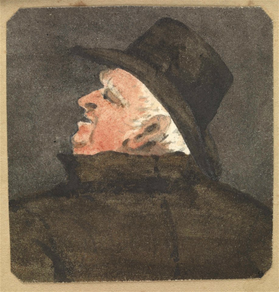 Man wearing a hat and waterproof coat, seen from behind with him looking to the left RMG PZ4303