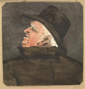 Man wearing a hat and waterproof coat, seen from behind with him looking to the left RMG PZ4303