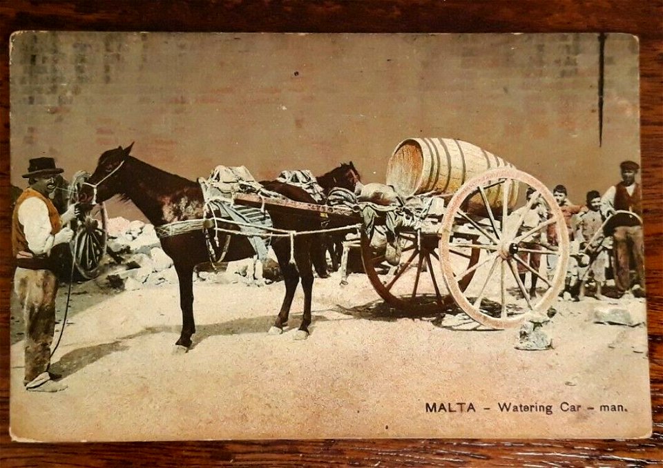 Malta-Old-Colour-Postcard-Maltese-Street-Watering-Car