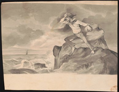 Man, possibly a castaway or shipwrecked sailor, standing on rocky shore seeing a ship on the horizon; may show signs of disbelief at the prospect of being rescued LCCN2016649130