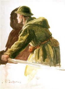 Man in khaki duffel coat and steel helmet - study for Edward Billyard-Leake at the Zeebrugge Raid, 23 April 1918 RMG PW2302