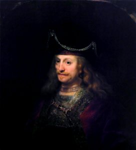 Man wearing a high beret with jewels and pearls, by Ferdinand Bol