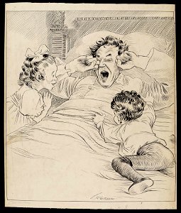 Man waking up, daughter and son at sides of bed, December 25, 1908 (NBY 1366)
