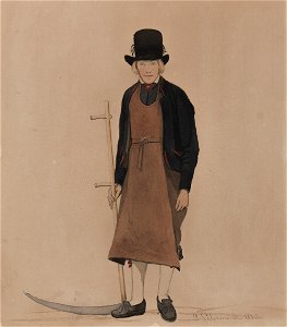Man med lie, Jons Calle i Leksands Noret, Akvarell av P. Södermark 1850 - Nordiska museet - NMA.0070033 (cropped). Free illustration for personal and commercial use.