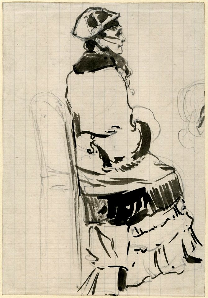 Manet - Portrait of Berthe Morisot; whole-length seated on a chair, seen partly from behind and almost in profile to right, 1935,1214.7