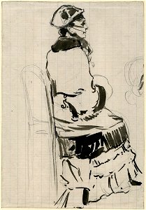 Manet - Portrait of Berthe Morisot; whole-length seated on a chair, seen partly from behind and almost in profile to right, 1935,1214.7