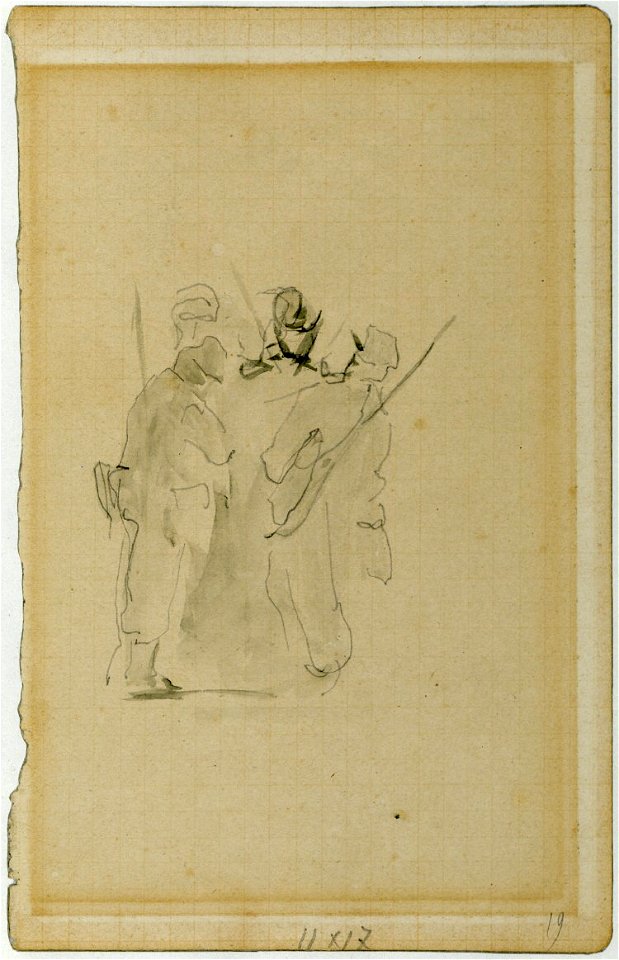 Manet - Sketch of four soldiers, possibly for the painting 'The Execution of Maximillian'; four soldiers standing in a circle, rifles slung over their shoulders, 1994,0514.53