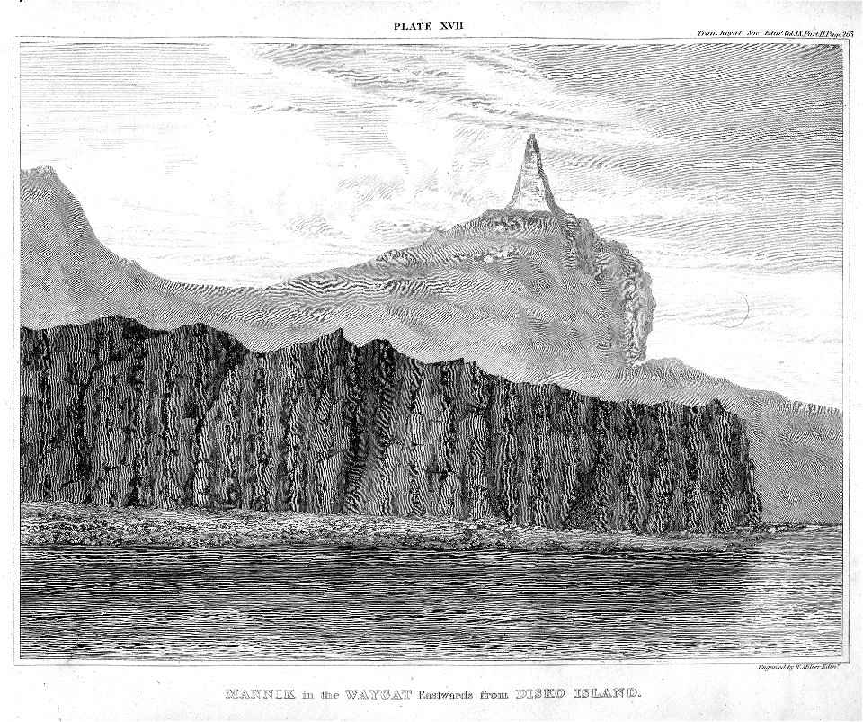 Mannik in the Waygat Eastwards from Disko Island engraving by William Miller
