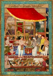Manohar. Emperor Jahangir Weighs Prince Khurram. Page from Tuzuk-i Jahangiri. 1610-1615, British Museum, London. Free illustration for personal and commercial use.