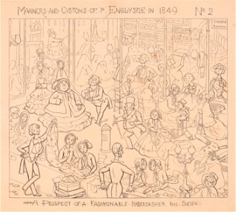 Manners and customs of Englyshe in 1849. No. 2, A prospect of a fashyonable haberdasher hys. shope - RD (monogram). LCCN2013651001 (cropped)