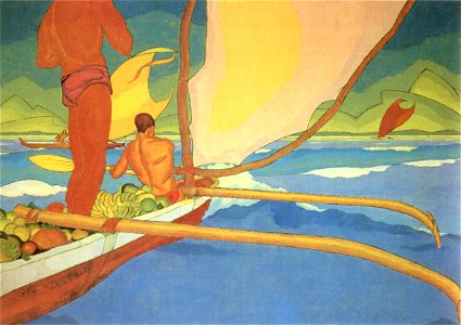 Arman Manookian - 'Men in an Outrigger Canoe Headed for Shore', oil on canvas, c. 1929. Free illustration for personal and commercial use.