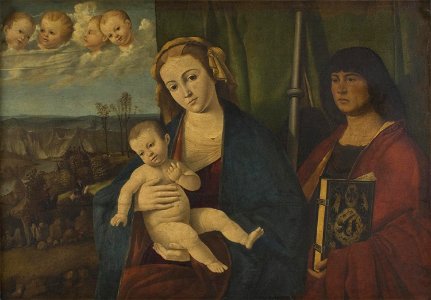 Marco Basaiti, Virgin and Child with Saint James the Great. Free illustration for personal and commercial use.