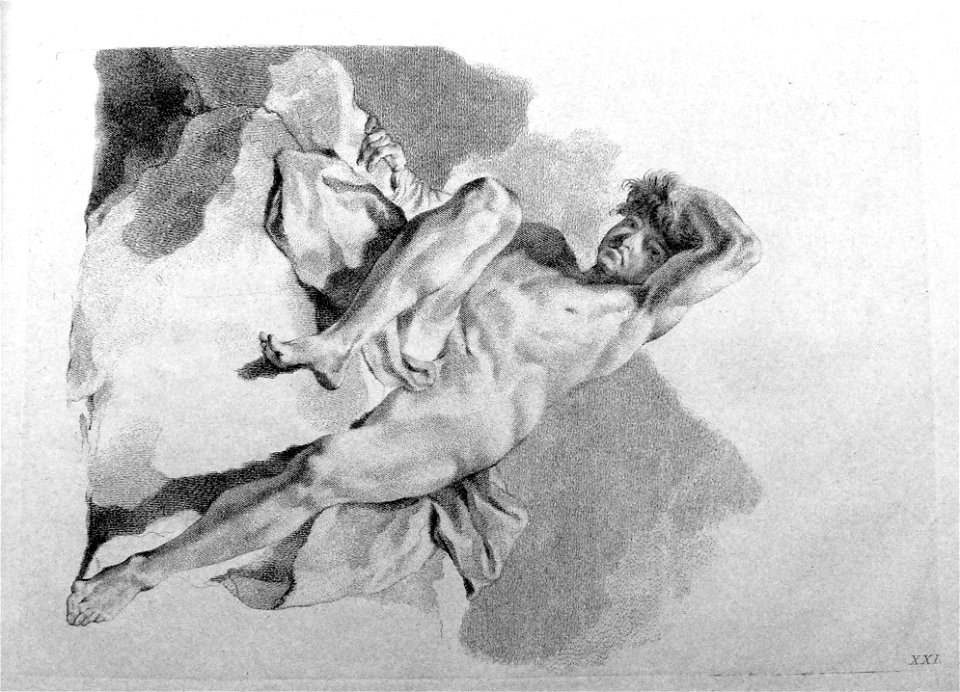 Marco Pitteri - Plate 21 Academic study of a nude male seated on a rock, seen from the front, one leg bent, he runs his left hand through his hair; with shading. 1760, 1860,1208.319