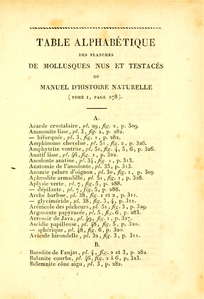 Manuel de l'histoire naturelle des mollusques Table Alphabetique A B