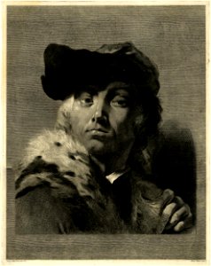 Marco Pitteri - Portrait of a man, bust, facing front, wearing a beret and fur-trimmed coat; after Piazzetta, 1872,0113.10. Free illustration for personal and commercial use.