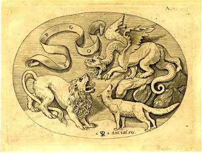 Marco da Ravenna - A lion roaring at left, at dragon at upper right and a fox below right, 1879,0510.319