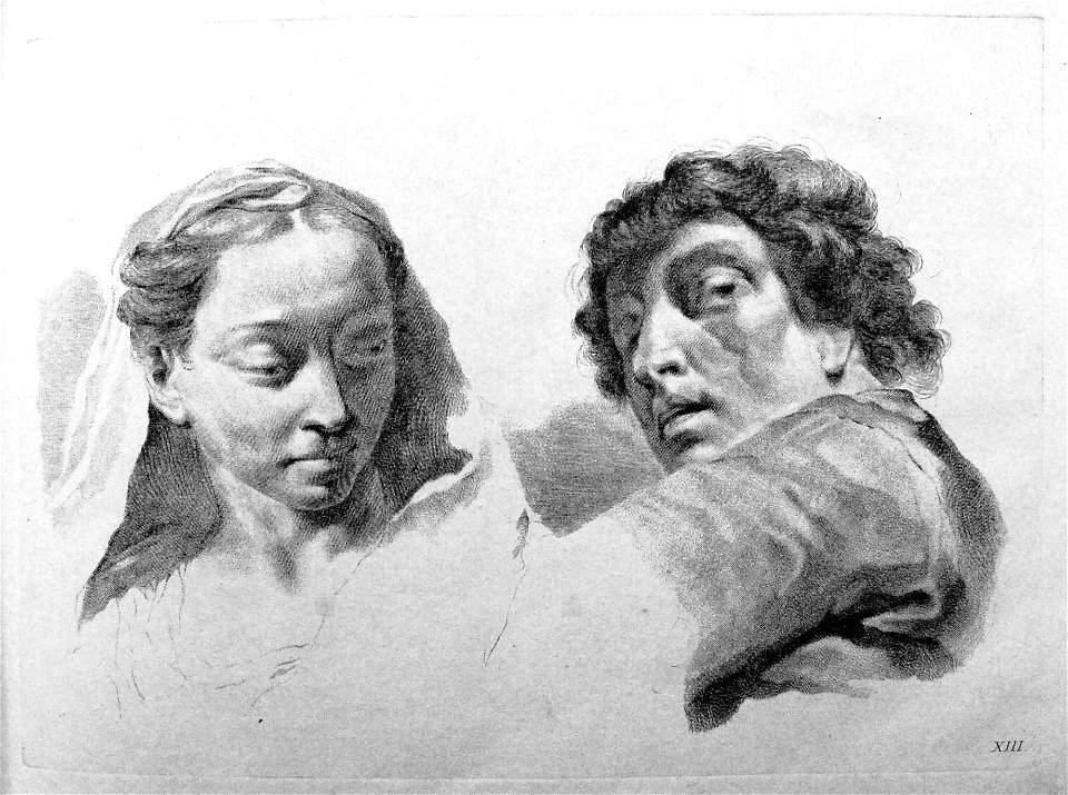 Marco Pitteri - Plate 13 Busts of a woman wearing a veil and a man in three-quarter view looking over his arm at the viewer; with shading. 1760, 1860,1208.303