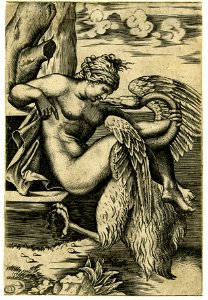 Marco da Ravenna - Leda, nude, sitting on a stone and caressing the neck of a swan with her left hand and leaning back on her right elbow., 1840,0808.8