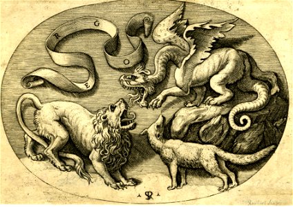 Marco da Ravenna - A lion roaring at left, at dragon at upper right and a fox below right, 1863,0725.1741