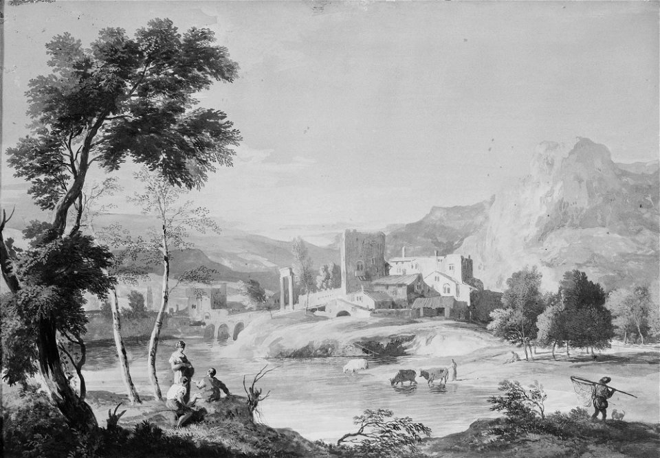 Marco Ricci (Belluno 1676-Venice 1730) - Mountainous Landscape with a River and a Group of Buildings Beyond - RCIN 400558 - Royal Collection