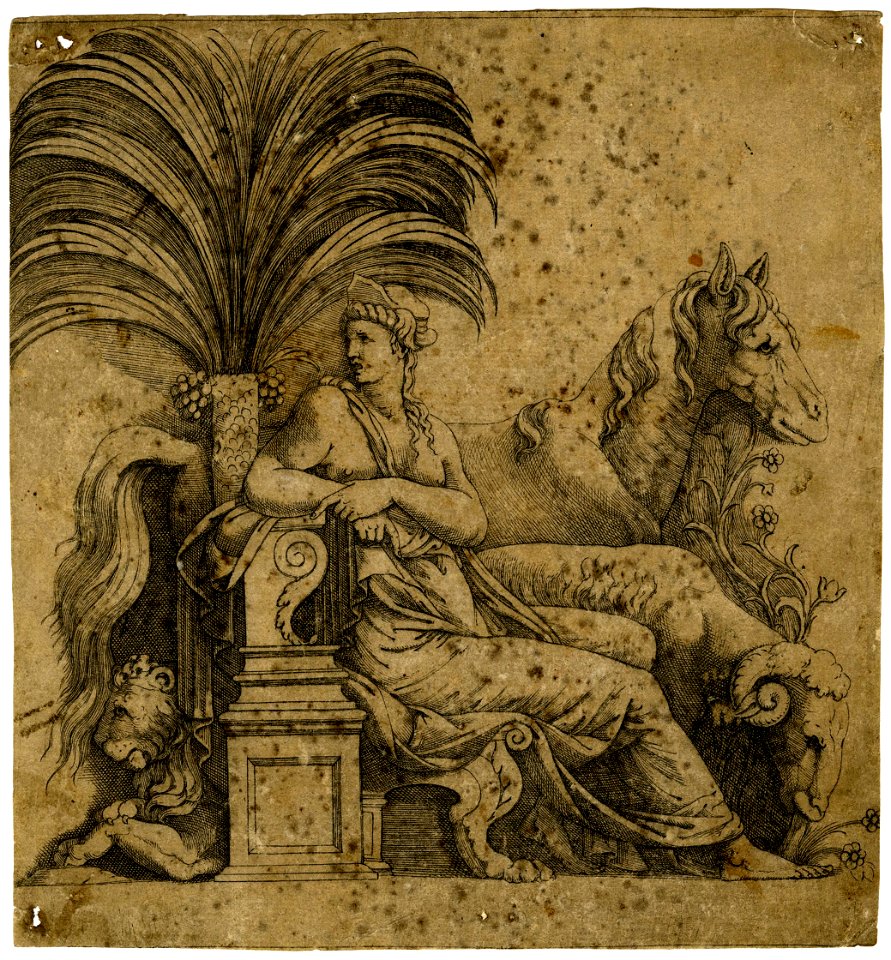 Marco da Ravenna - MannerStyle of - A woman (possibly Cleopatra) seated beneath a palm tree accompanied by a ram, a horse and a lion, Nn,7.40.7