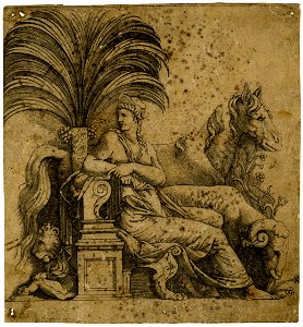 Marco da Ravenna - MannerStyle of - A woman (possibly Cleopatra) seated beneath a palm tree accompanied by a ram, a horse and a lion, Nn,7.40.7