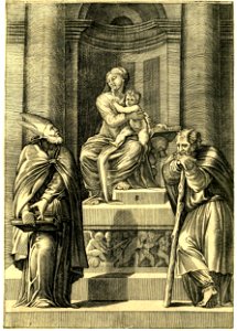 Marco da Ravenna - The Virgin, sitting in a niche on an altar decorated with an all'antica frieze holding the Christ Child on her lap, V,6.61