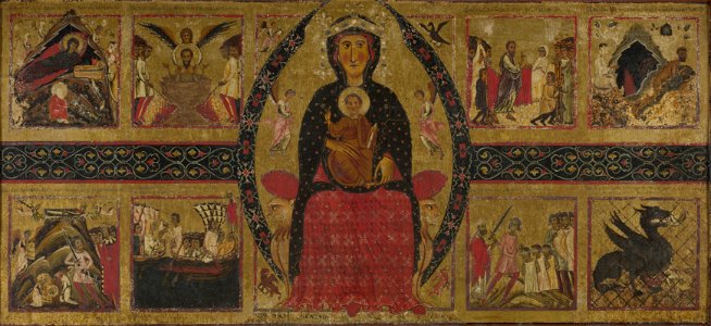 The Virgin and Child Enthroned, with Narrative Scenes. Free illustration for personal and commercial use.