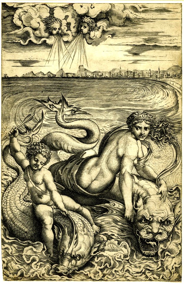 Marco da Ravenna - Venus and Cupid riding on the backs of two sea creatures (dolphins), H,7.52