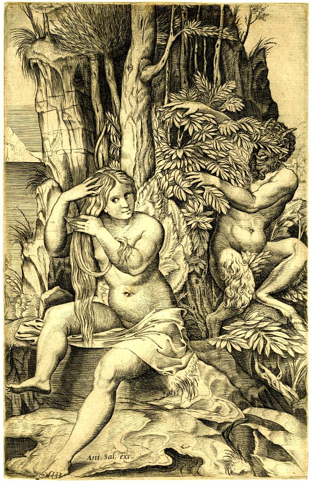 Marco da Ravenna - Pan spying from behind a bush at right, watching the nymph Syrinx, nude, seated on a rock, combing her hair, H,2.81