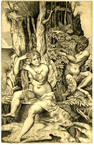 Marco da Ravenna - Pan spying from behind a bush at right, watching the nymph Syrinx, nude, seated on a rock, combing her hair, H,2.81