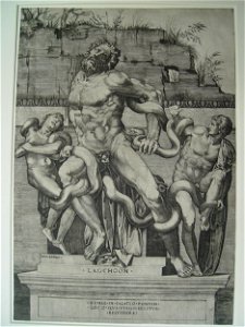 Marco da Ravenna - Laocoön and his two sons entwined with serpents atop an inscribed socle and pedestal, H,7.58
