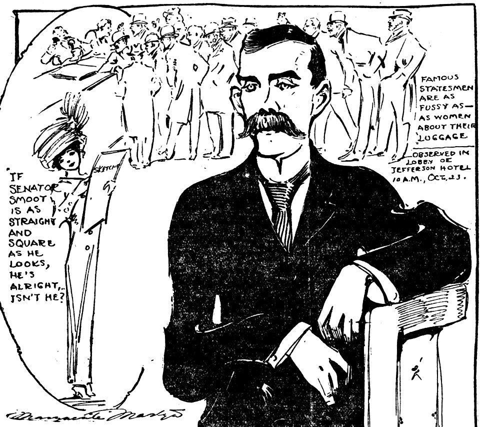 Marguerite Martyn draws Senator Reed Smoot of Utah, 1909