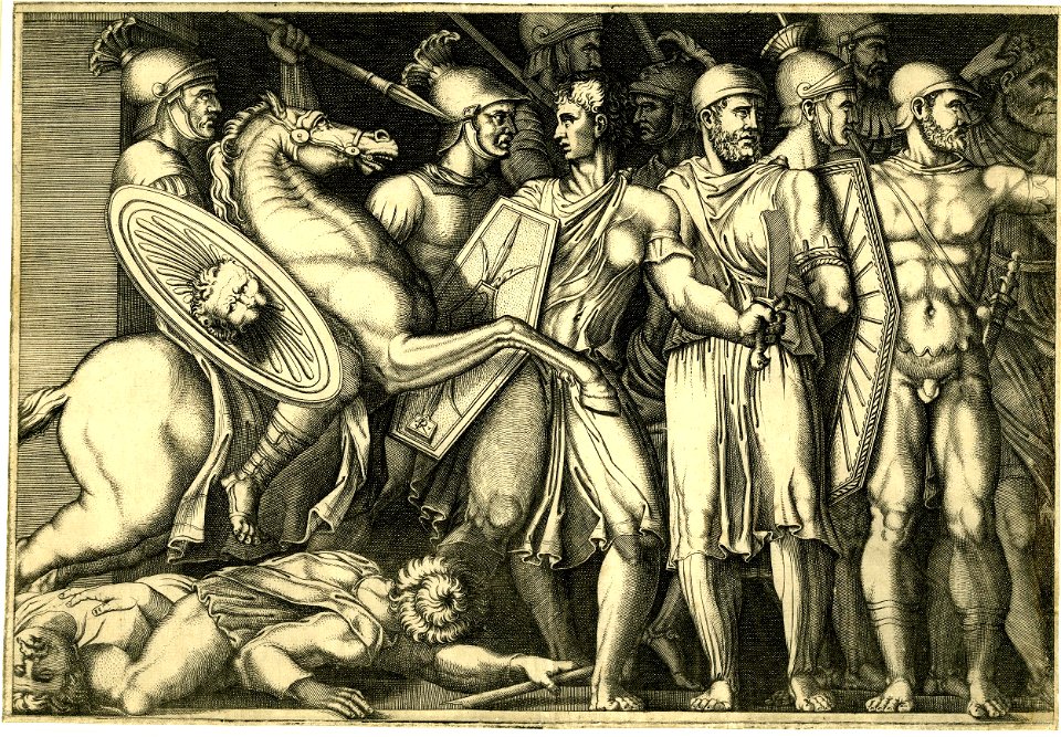Marco da Ravenna - Emperor Trajan on horseback at left fighting the Dacians, two of which are under his rearing horse, 1860,0728.645