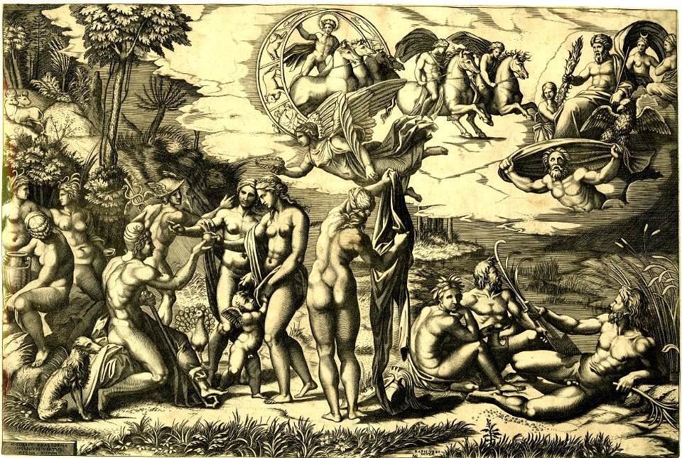 Marco da Ravenna - The Judgement of Paris, sitting at left, with Venus, Juno and Pallas Athena, H,2.26