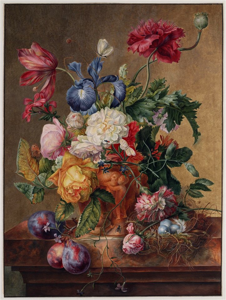 Maria Geertruida Snabilie - Flowers in a Terracotta Vase on a Marble Slab